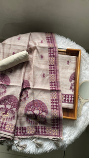 Aabroo Attire Beige & Wine Tussar Silk Unstitched Suit Set